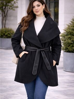 T Tahari Black Wool Wrap Coat Shawl Collar Belted Coat